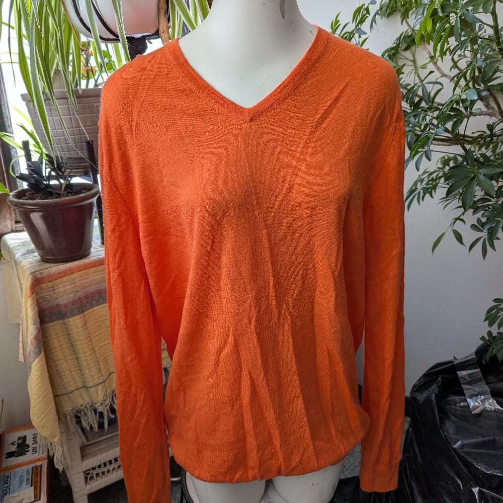 Unisex Cello Orange Vneck Merino Wool Thin Vneck Swtr XXL